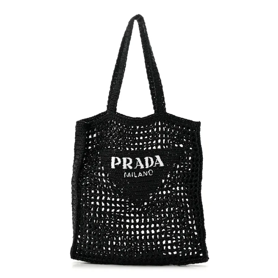 Prada Medium Effect Crochet Logo Embroidered Tote Bag Black Yarn Raffia