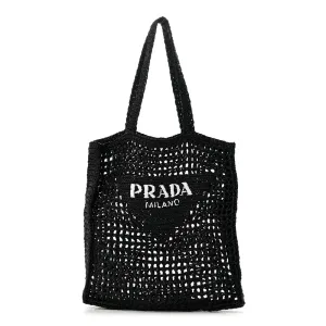Prada Medium Effect Crochet Logo Embroidered Tote Bag Black Yarn Raffia