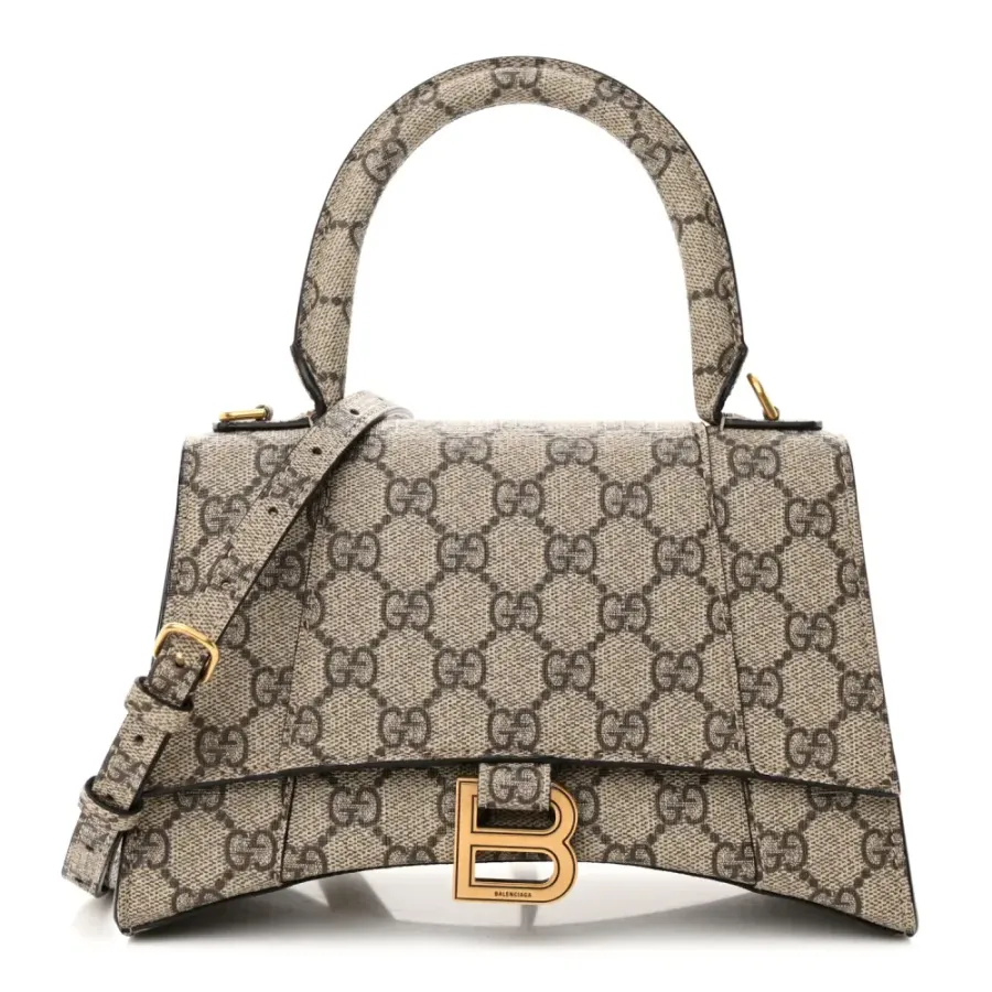 Balenciaga Small Hourglass Top Handle Bag Beige/Ebony GG Supreme Monogram x Gucci Gold Hardware