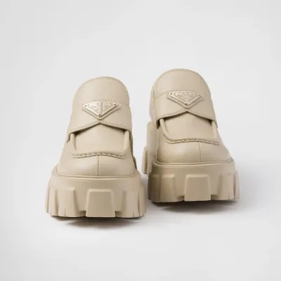 PRADA Desert Yellow Monolith shiny leather loafers