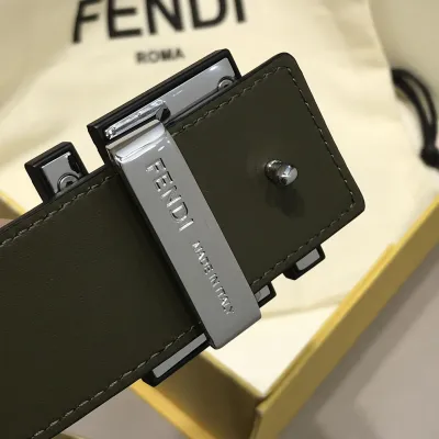 Fendi Men's Square Buckle Belt In Black/Olive Litchi Grain Calfskin With Silver Hardware 38mm