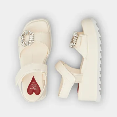 Roger Vivier Slidy Viv' Wedge Sandals In White Calfskin Leather With Crystal Buckle (Heel Height 6.5cm)
