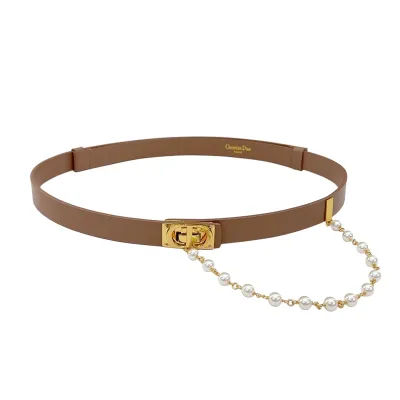 Dior Women' s Square Buckle With Pearls Caro Chain Belt In Black/Brown/White Calfskin With Gold Hardware 20mm