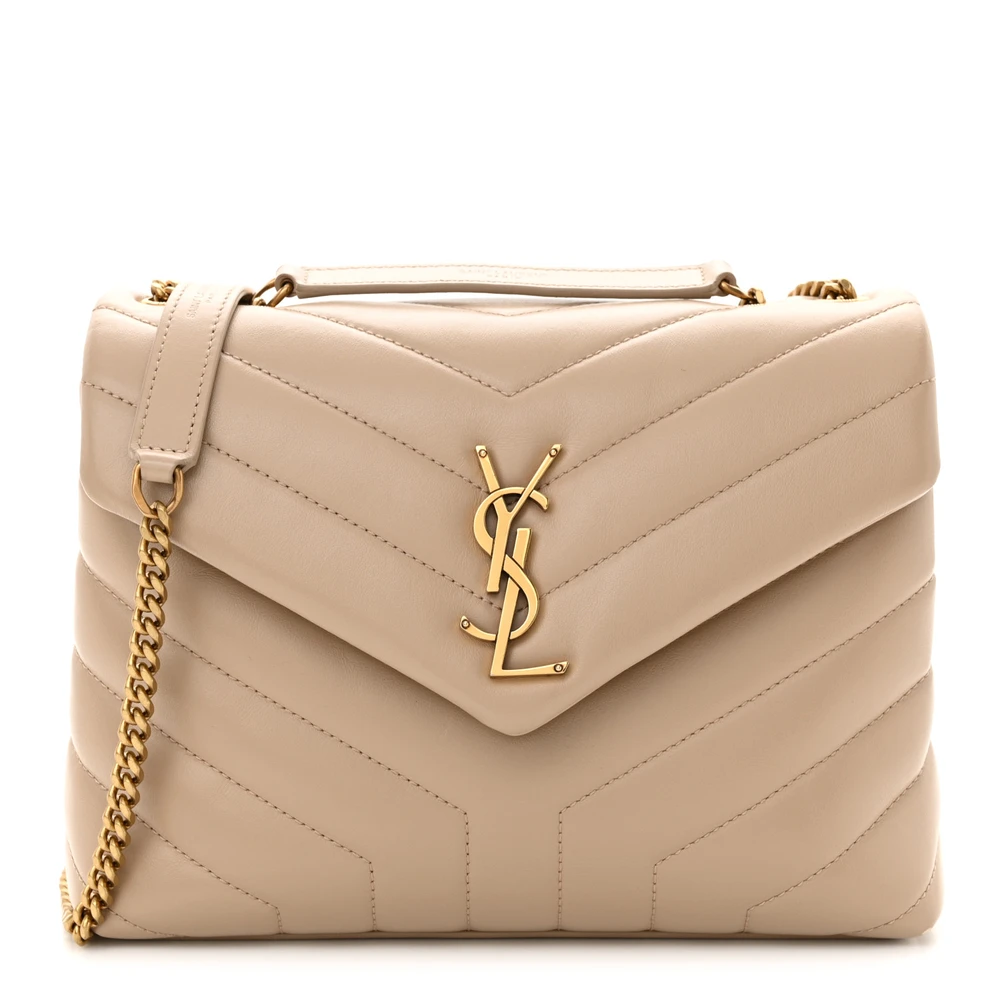 Saint Laurent Bolsa Pequena Loulou Chain Satchel Bege Escuro Monograma Y-Acinturado em Couro de Bezerro com Hardware Dourado