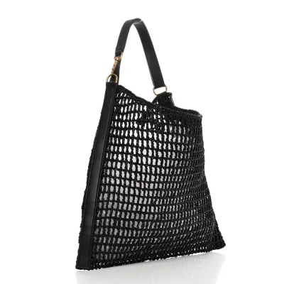 Saint Laurent Medium Oxalis Shoulder Bag Black Raffia & Calfskin Leather Gold Hardware