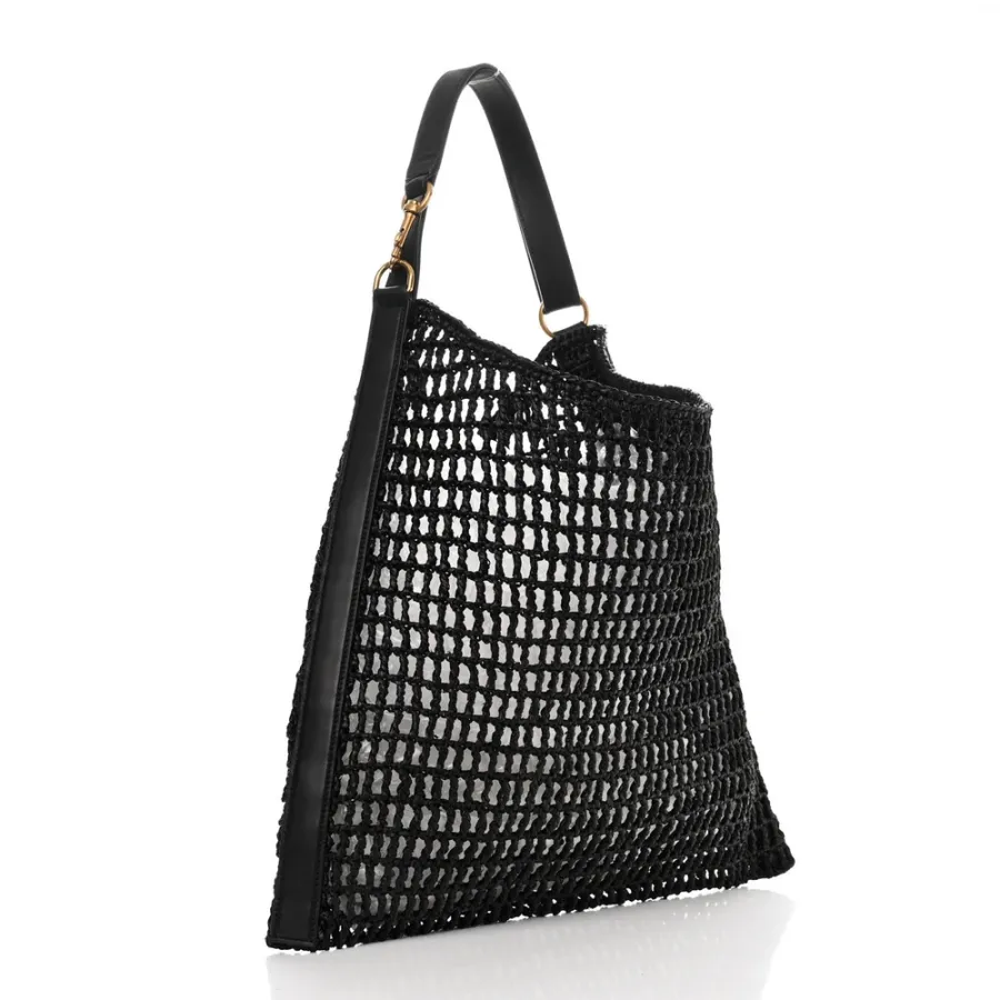 Saint Laurent Medium Oxalis Shoulder Bag Black Raffia & Calfskin Leather Gold Hardware