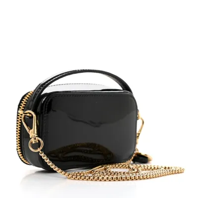 Prada Mini Metal Triangle Logo Pouch with Handle Black Vernice Leather Gold Hardware