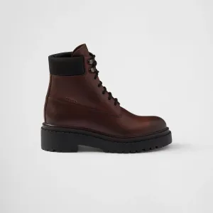 PRADA Dark brown leather and recycled nylon ankle boots