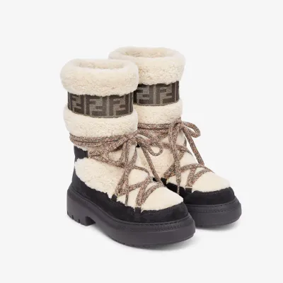 FENDI White sheepskin and black suede boots
