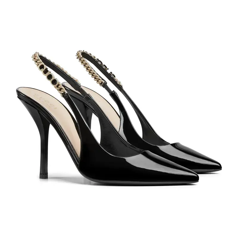 Gucci black patent leather pointed heels high heels shoes Rear lace up high heels