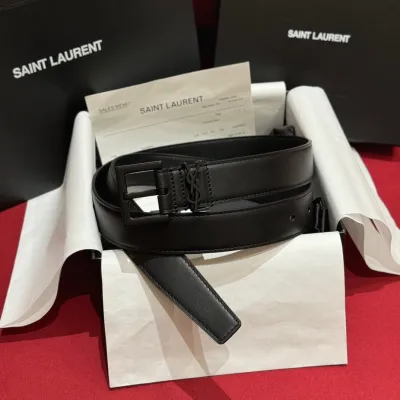 Saint Laurent Cassandre Belt In Black/Coffee Smooth Calfskin With Black/Gold/Silver Hardware 30mm