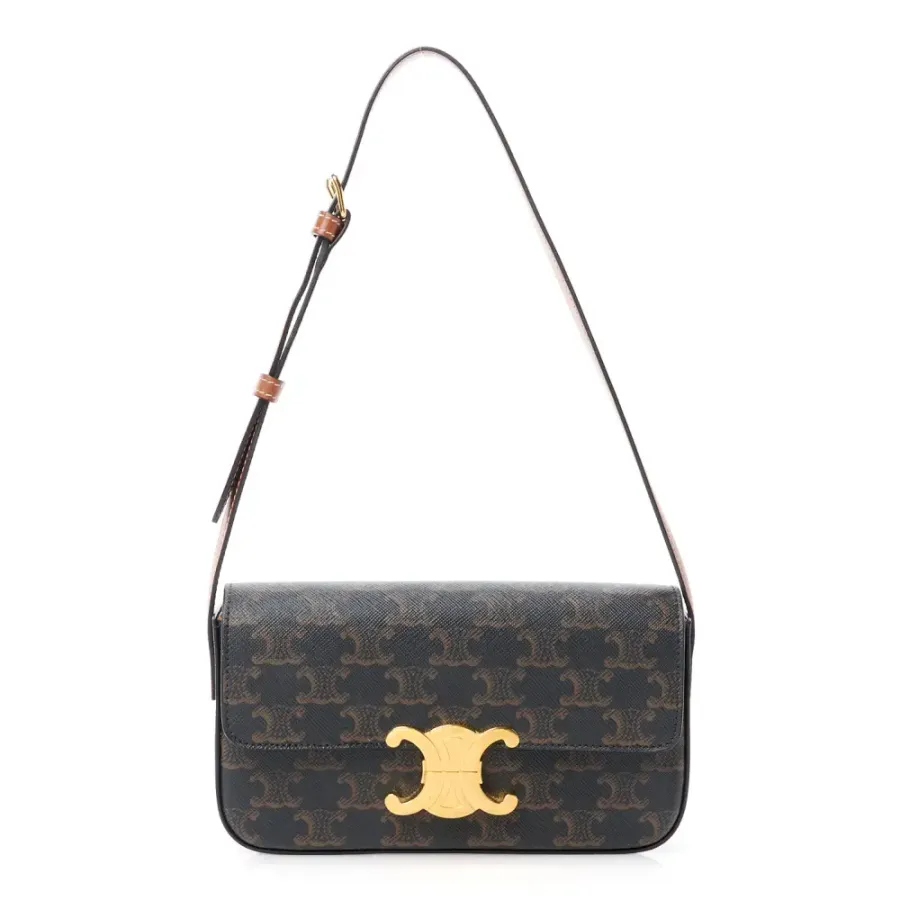 Celine Medium Triomphe Shoulder Bag Tan Canvas & Calfskin Leather Gold Hardware