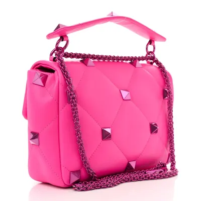 Valentino Garavani Large Roman Stud Shoulder Bag Pink PP Lacquer Monochrome Nappa Leather Incognito Hardware