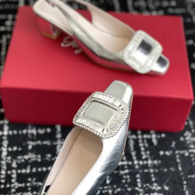 Roger Vivier Belle Viver Slingback Pumps High Heels In Silver Calfskin Leather With Crystal Buckle (Heel Height 4.5cm)