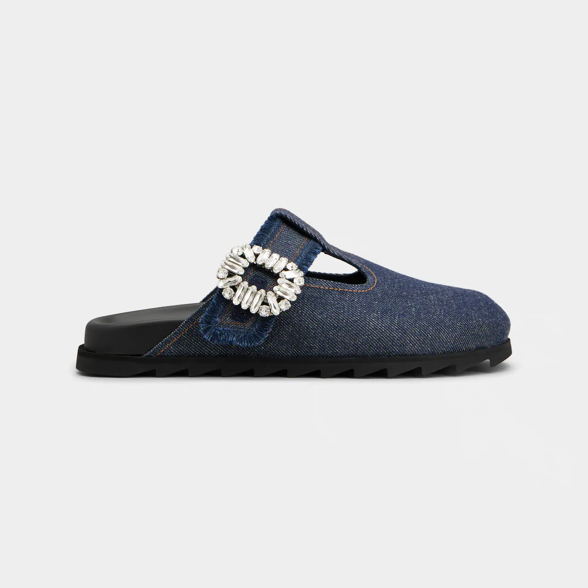 Roger Vivier Slidy Viv' Mules Birkenstocks Em Azul Denim Com Fivela De Cristal