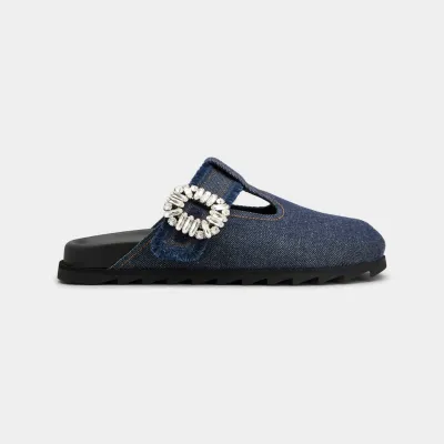Roger Vivier Slidy Viv' Mules Birkenstocks In Blue Denim With Crystal Buckle