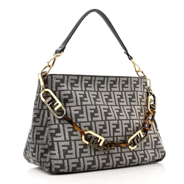Fendi FF Fendi O’Lock Zipper Anthracite/Asfalto Chenille, Vitello Seta Leather, & Plexiglass Mixed Metal Hardware - Image 3