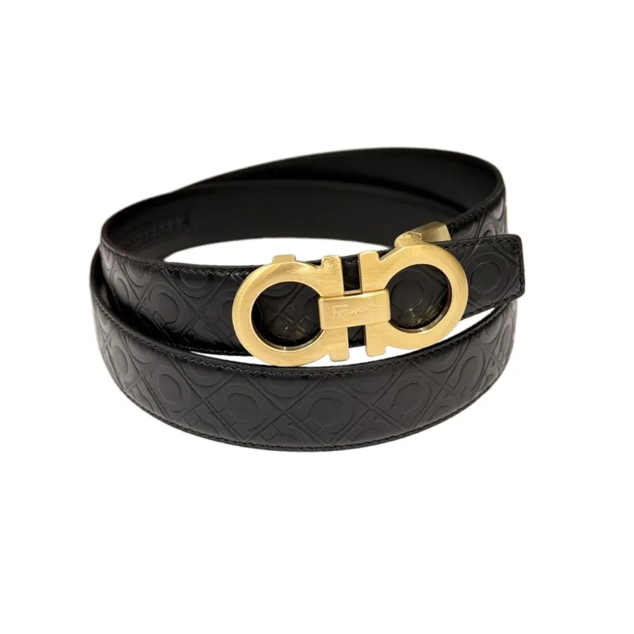 Ferragamo Men's Double Gancini Buckle Reversible Belt In Black/Coffee Grained Calfskin With Gold/Silver Hardware 35mm