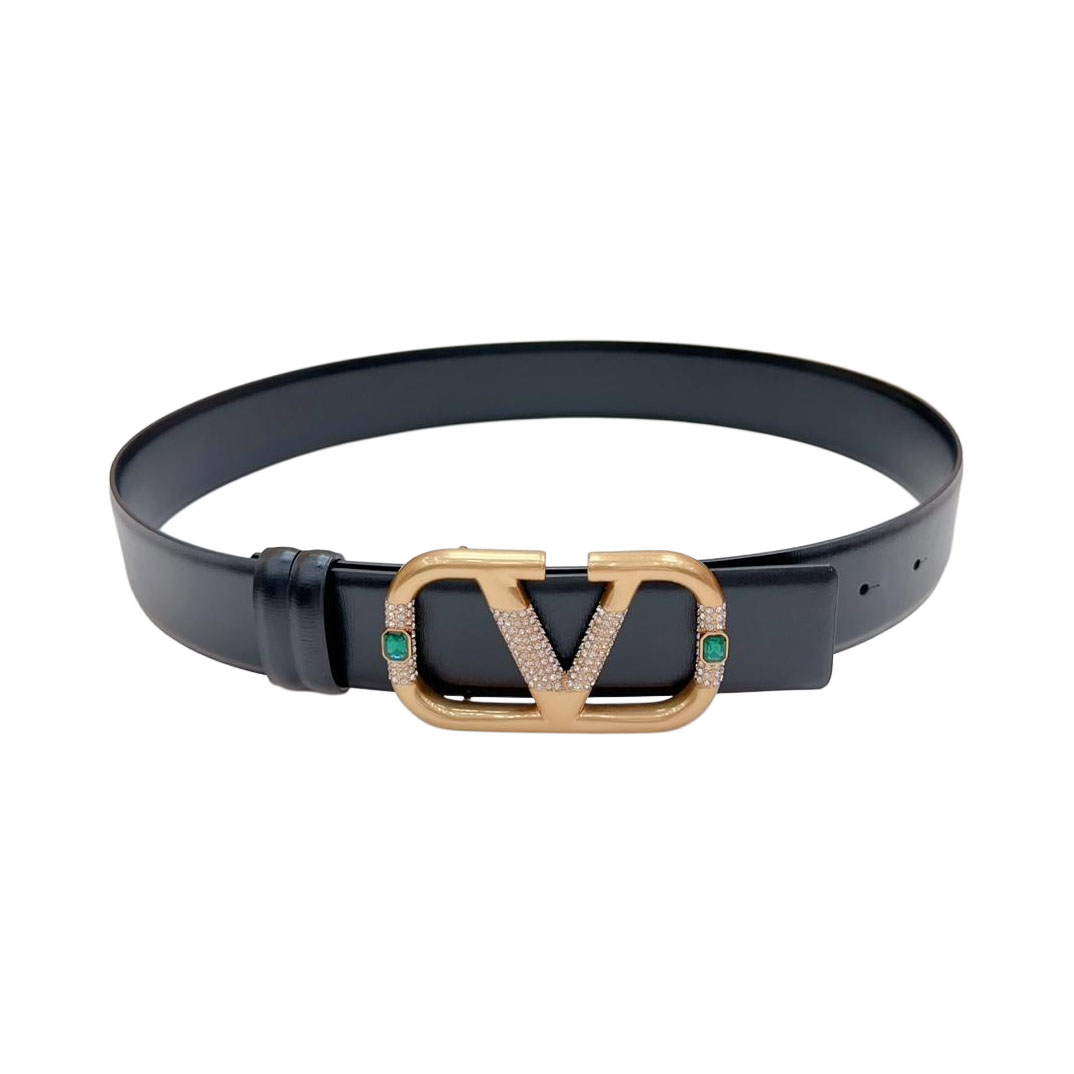 Valentino V Fivela Com Cristal e Cinto de Gema Verde/Vermelha/Preta/Amarela em Bezerro Preto com Acabamento Dourado 40mm