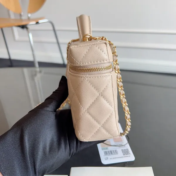 Chanel Apricot color / Yellow / Pink / white / Grey / Black  Quilted Caviar Leather handle makeup bag handbag - Image 4