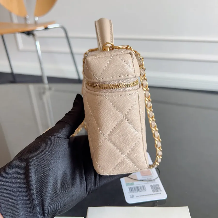 Chanel Apricot color / Yellow / Pink / white / Grey / Black  Quilted Caviar Leather handle makeup bag handbag