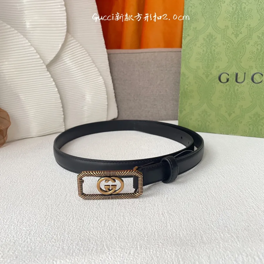 Gucci Women's Square Buckle Belt In Brown/Black Smooth Calfskin With Gold Hardware 20mm