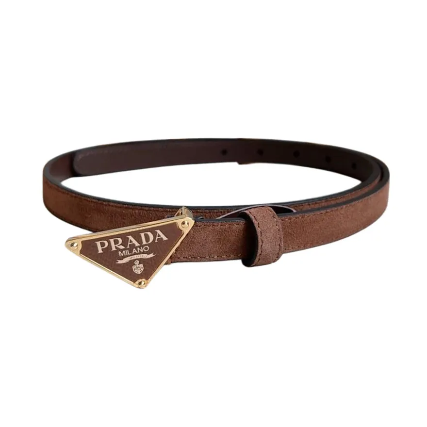 Prada Women' s Triangled Buckle Belt In Brown/Black Calfskin With Gold/Silver Hardware 15mm