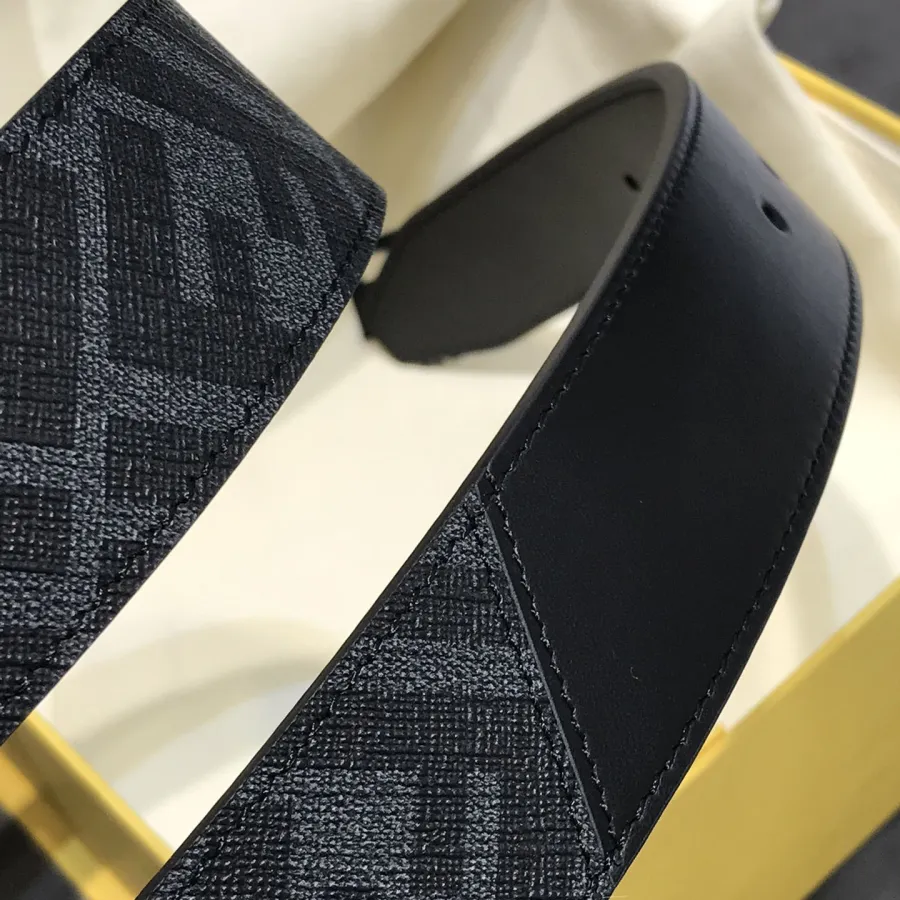 Fendi Men's Square Buckle Belt In Black/Brown Calfskin And Monogram Canvas With Gold/Silver Hardware 35mm