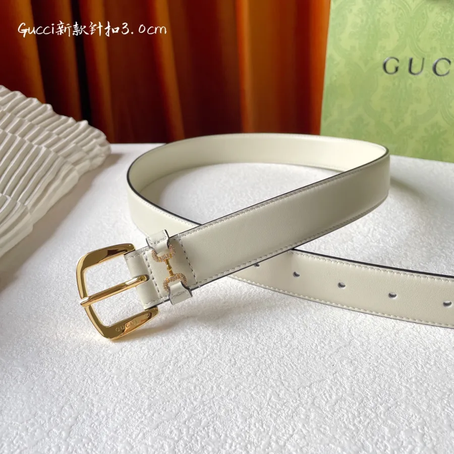 Gucci Women's Square Buckle With Beading Horsebit Thin Belt In White/Black Smooth Calfskin With Gold/Silver Hardware 30mm