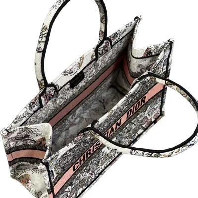 Dior Medium Book Tote White Pastel Pink Butterfly Around The World Embroidered Canvas
