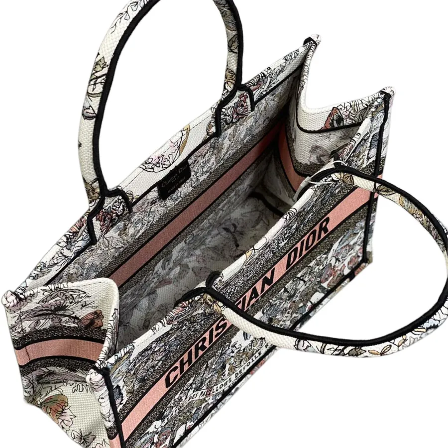Dior Medium Book Tote White Pastel Pink Butterfly Around The World Embroidered Canvas