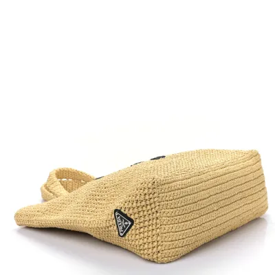 Prada Large Effect Crochet Embroidered Logo Tote Naturale Yarn Raffia