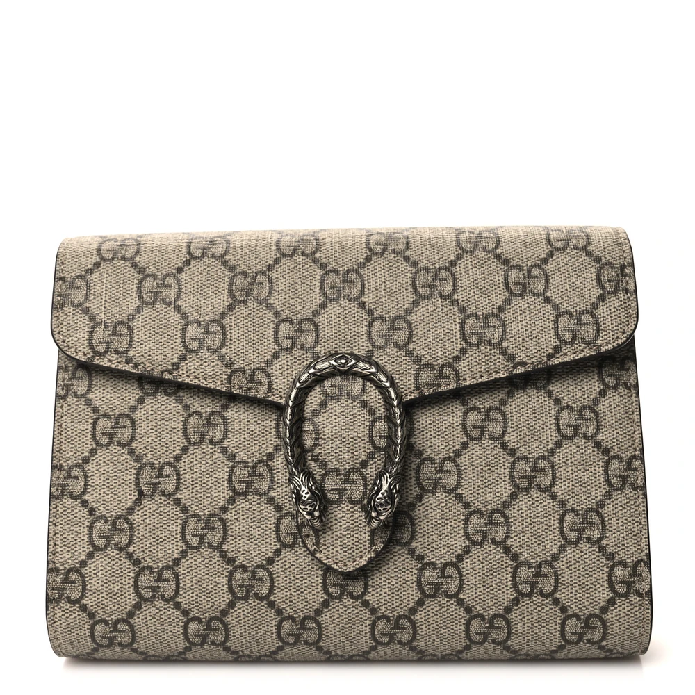 Gucci Bolsa Clutch Pequena Dionysus Taupe GG Supreme Monogram Canvas Ferragens Prata Envelhecido