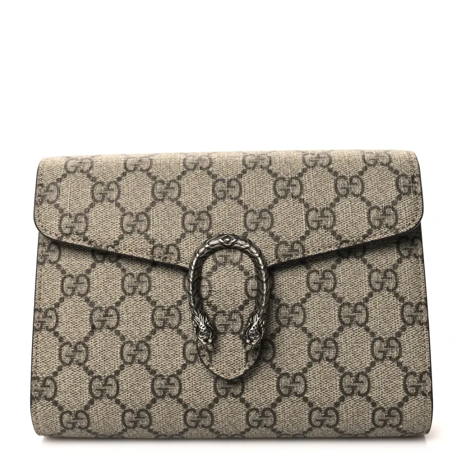 Gucci Small Dionysus Clutch Taupe GG Supreme Monogram Canvas Aged Silver Hardware