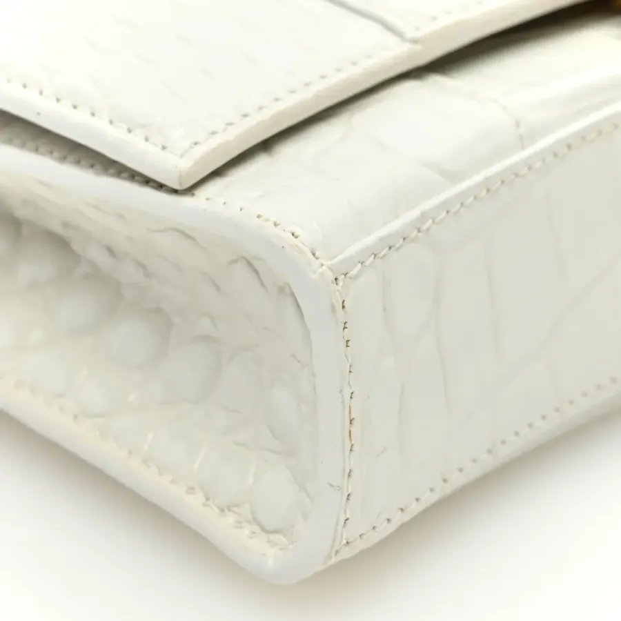 Balenciaga XS Hourglass Chain Bag White Crocodile Embossed Shiny Calfskin Leather Gold Hardware