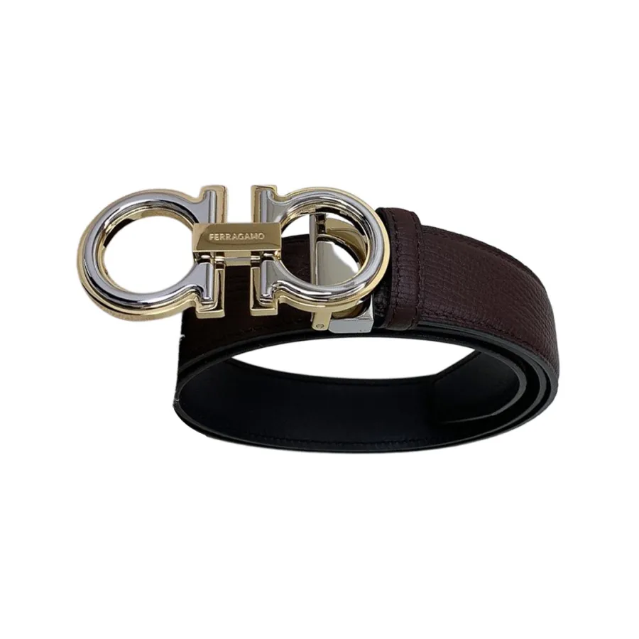 Ferragamo Men's Double Gancini Buckle Reversible Belt In Black/Coffee Saffiano Calfskin With Gold/Silver/Gun Black Hardware 35mm