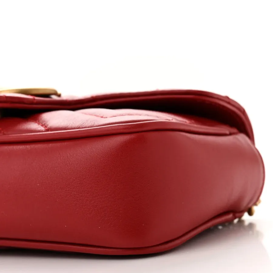 Gucci Super Mini GG Marmont Shoulder Bag Hibiscus Red Calfskin Matelassé Leather Gold Hardware