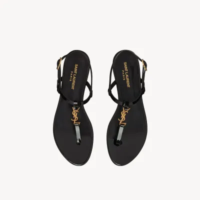 Yves Saint Laurent YSL logo patent leather black flat sandals