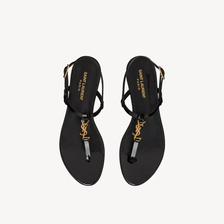 Yves Saint Laurent YSL logo patent leather black flat sandals