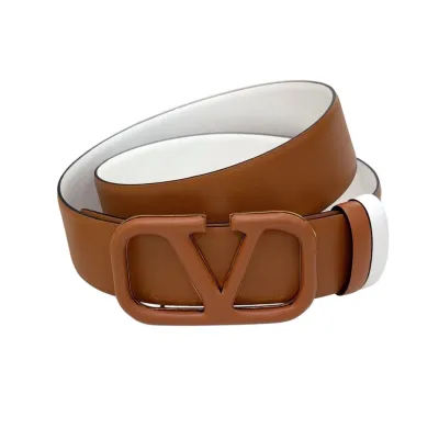 Valentino V Buckle Belt In Gold/Orange/Brown/Nude Smooth Calfskin With Gold/Orange/Brown/Nude Hardware 40mm