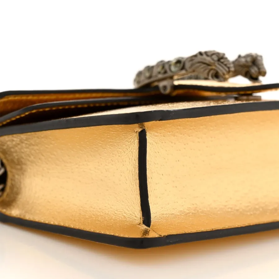 Gucci Super Mini Dionysus Shoulder Bag Metallic Gold Calfskin Leather Aged Silver Hardware