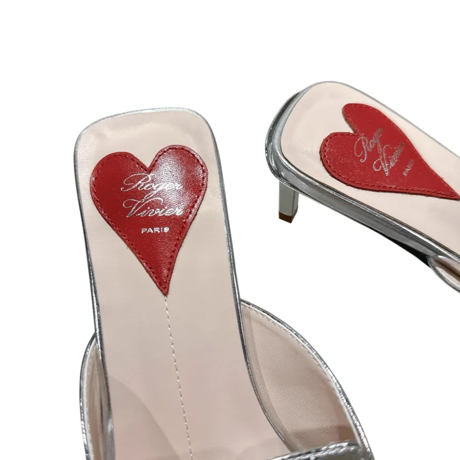 Roger Vivier Viv' Canard Mules Sandals In Gold/Silver Leather With Lacquered Metal Buckle (Heel Height 5.5cm)