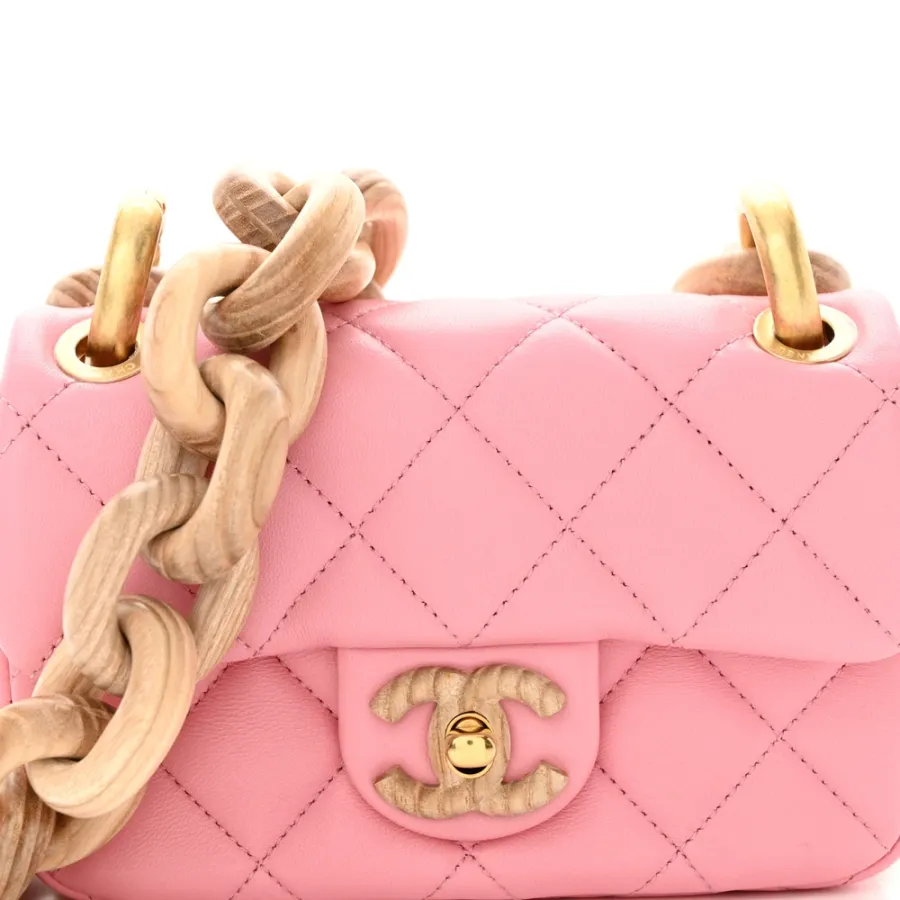 Chanel Wenge Wood Square Mini Pink Quilted Lambskin Leather Aged Gold Hardware