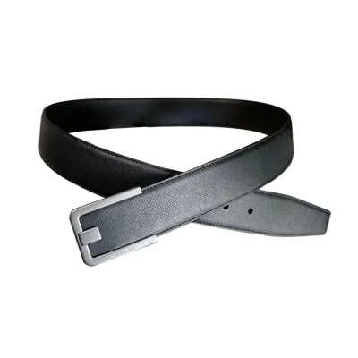 Prada Men' s Square Buckle Belt In Black Saffiano Calfskin With Gold/Silver Hardware 40mm