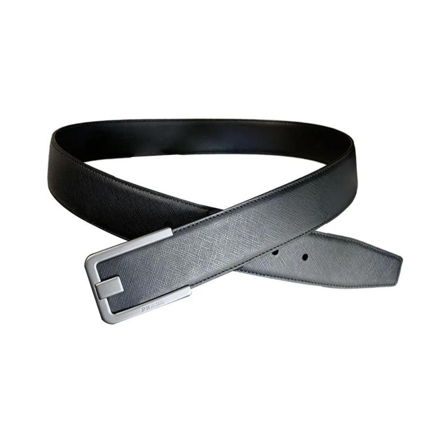 Prada Men' s Square Buckle Belt In Black Saffiano Calfskin With Gold/Silver Hardware 40mm