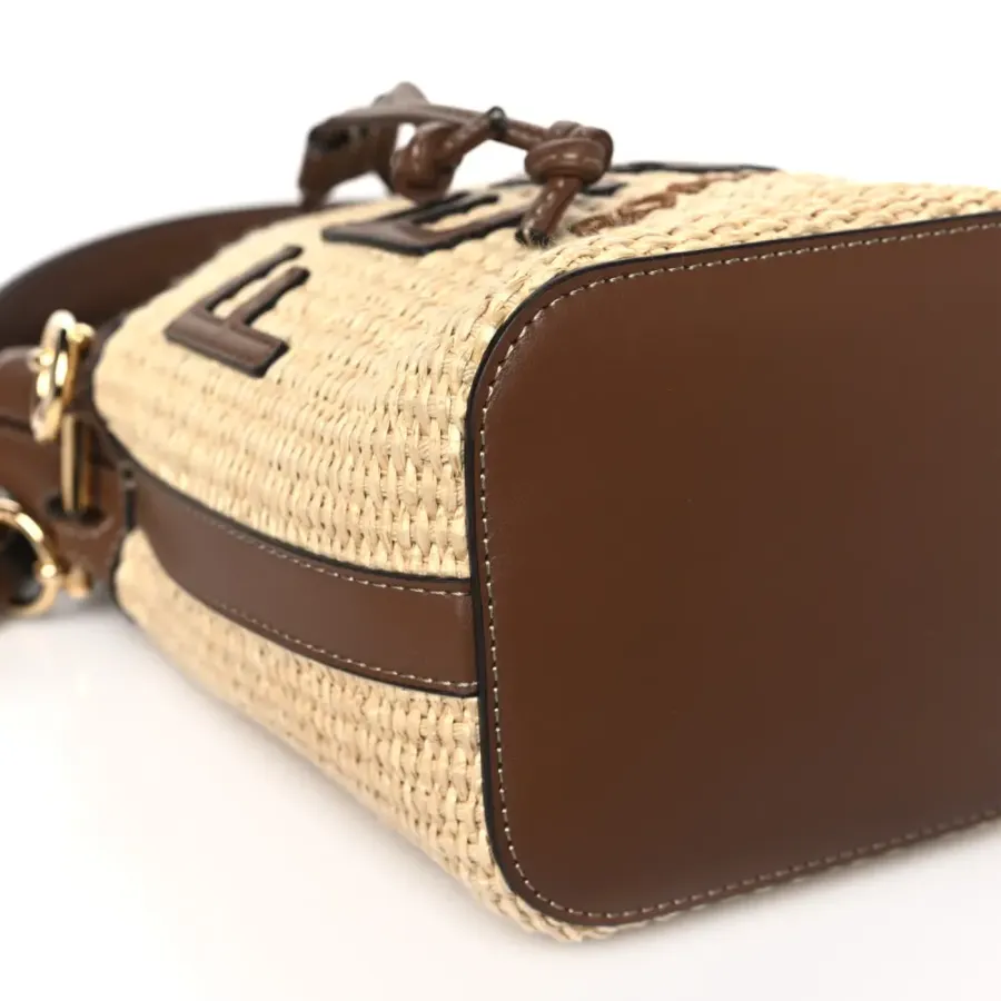 Fendi Mini F is Fendi Logo Crochet Mon Tresor Bucket Bag Natural/Brown Straw Gold Hardware