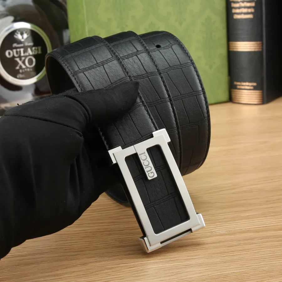 Gucci Men's Square Buckle Belt In Black Embossed Crocodile Calfskin With Gold/Silver Hardware 35mm