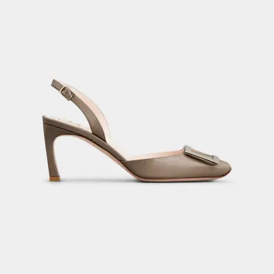 Roger Vivier Trompette Slingback Pumps High Heels In Beige Patent Leather With Metal Buckle (Heel Height 7cm)