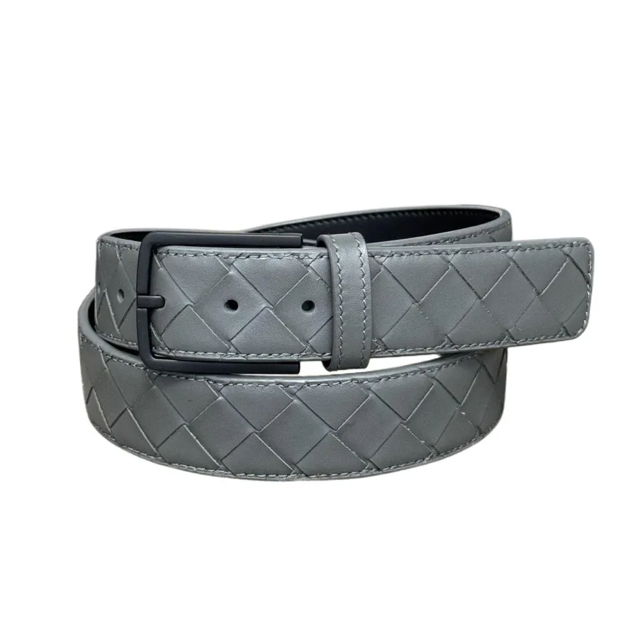 Bottega Veneta Men's Square Buckle Intrecciato Belt In Black/Coffee/Blue/Grey Calfskin With Black Hardware 35mm