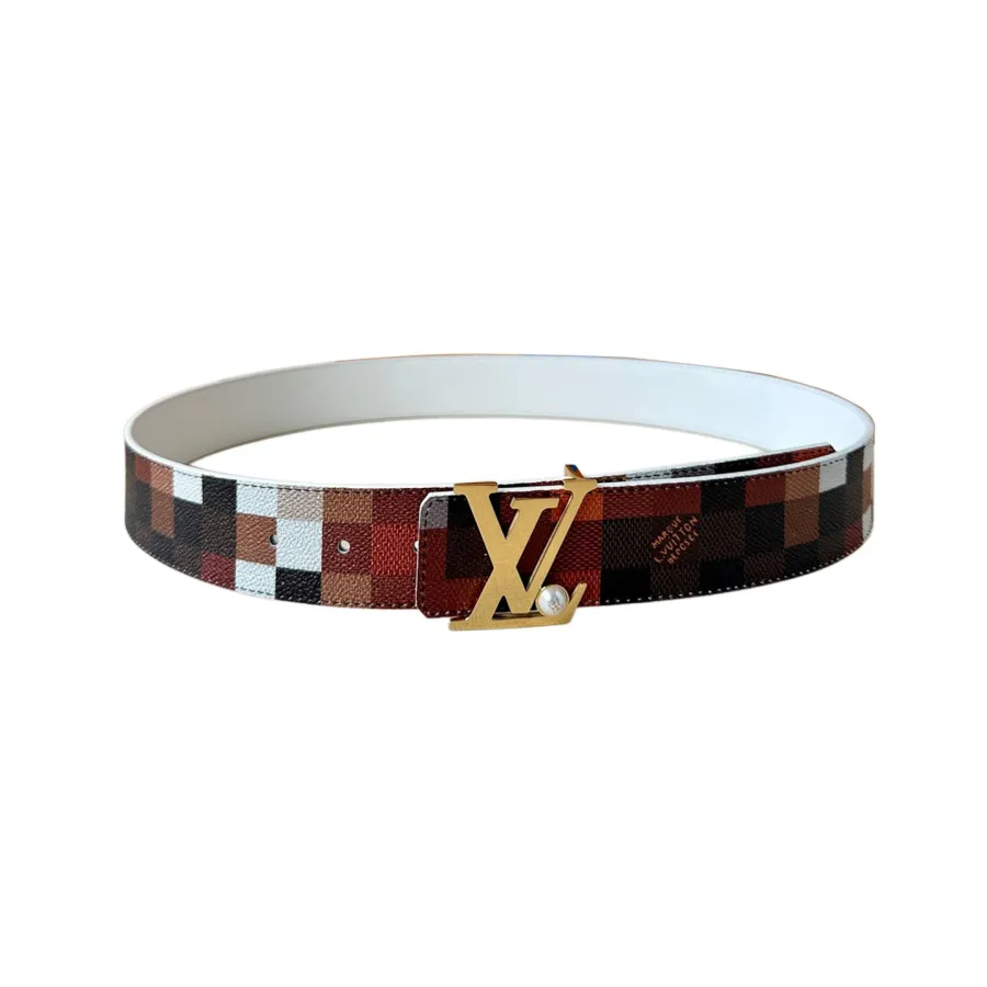 Louis Vuitton Men's Initiales Pearls Reversible Belt In Green/Red Damier Canvas With Gold/Silver Hardware 40mm